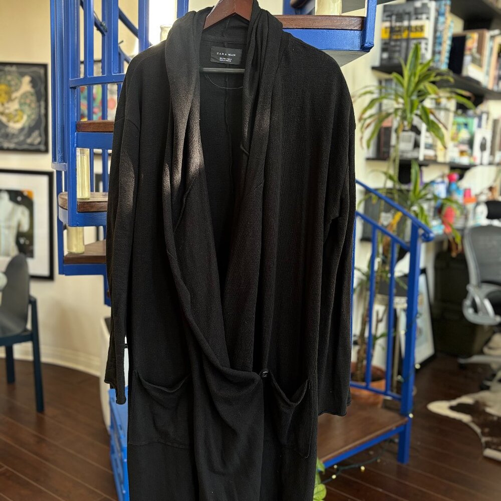 Zara Man Black Hooded Knit Cardigan Coat Size L